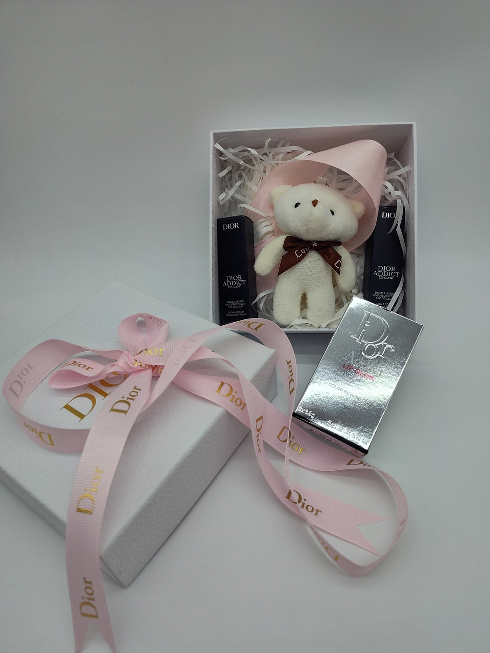 DIOR Addict Lip Glow Color 001 004 Reviver Duo Gift Set Teddy Bear Ribbon Box